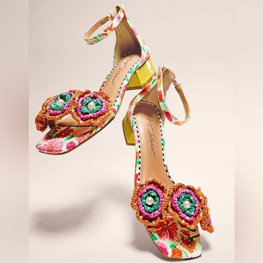 Betsey Johnson Floral Heels with Gold Accents
